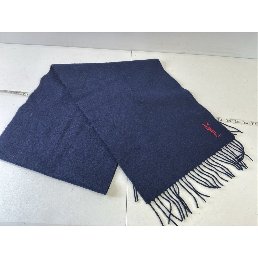 Yves Saint Laurent pour homme Navy Blue Wool Scarf Italy Fringe Logo Men's